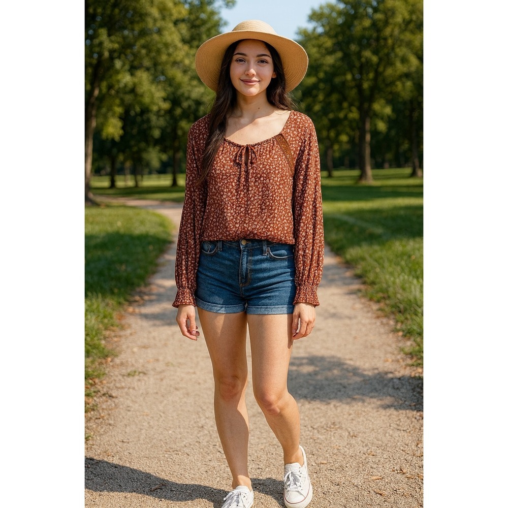 Hippie Rose Womens Ditsy Floral Boho Keyhole Peasant Top Russet Brown Pink Sz L